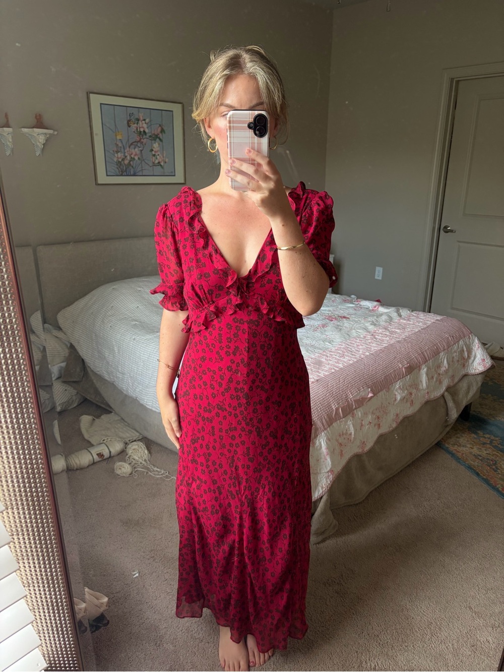 Rails Red Floral V-Neck Ruffle Maxi Dress